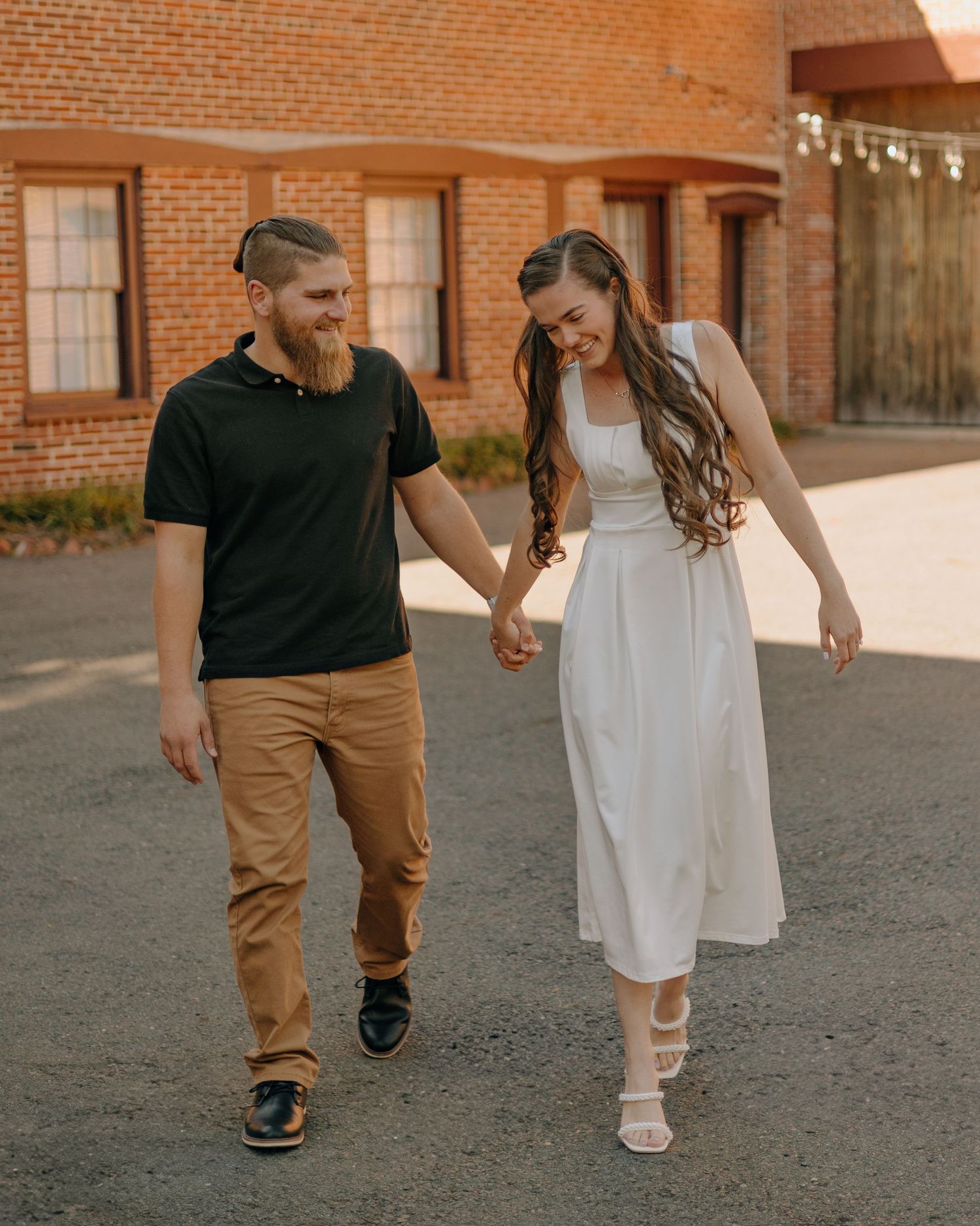 A couple walking together on a brick-lined path wearing casual attire, shown in a series of connected photos.