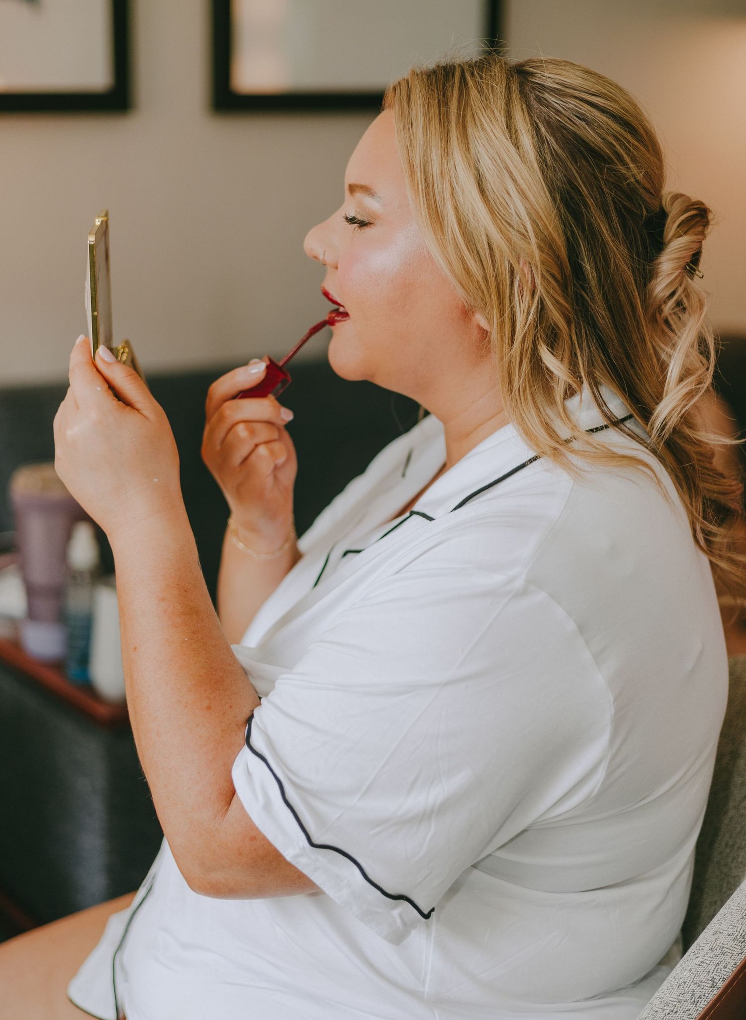 A series of profile shots showing someone in a white polo shirt taking a bite of food.