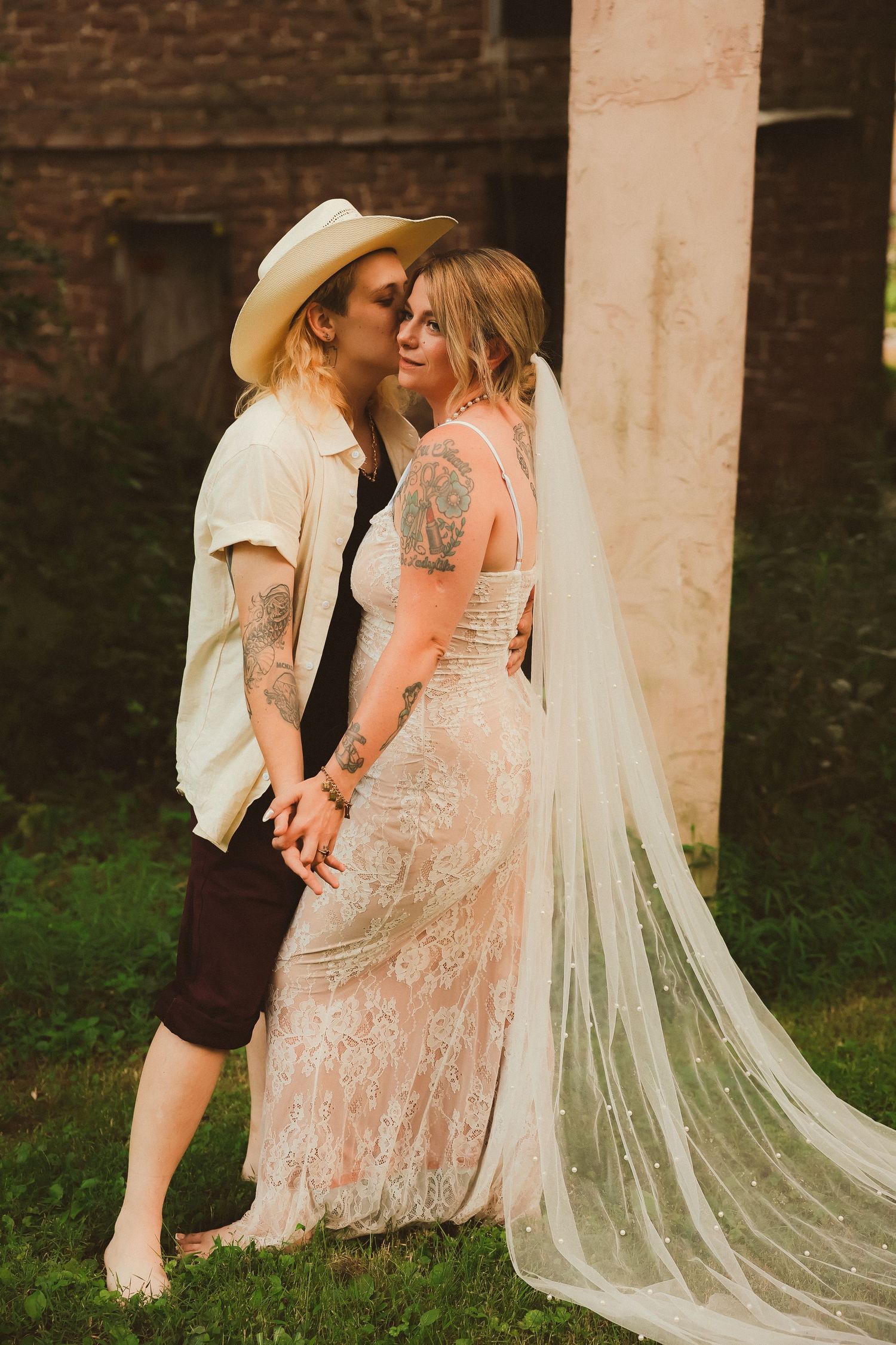 A tender moment captured between a couple during their wedding photoshoot.
