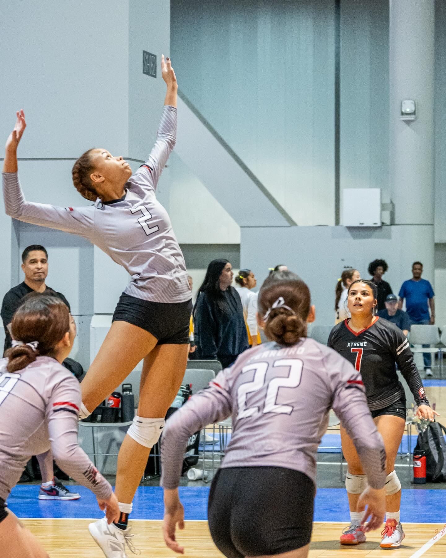 Volleyball players jump and stretch during an intense indoor match.