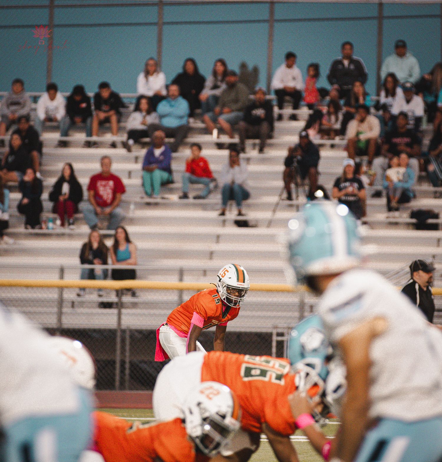 Football players lined up for play with spectators in stadium bleachers.
