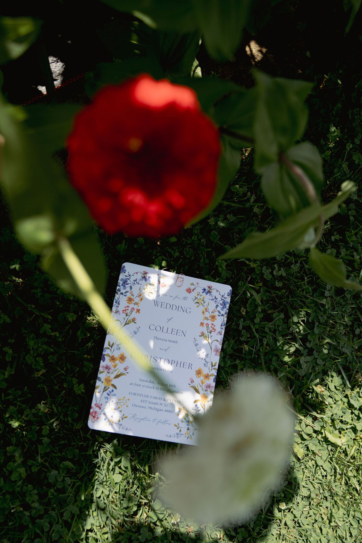 A wedding invitation card decorated with floral designs rests on green grass with red flowers in the background.