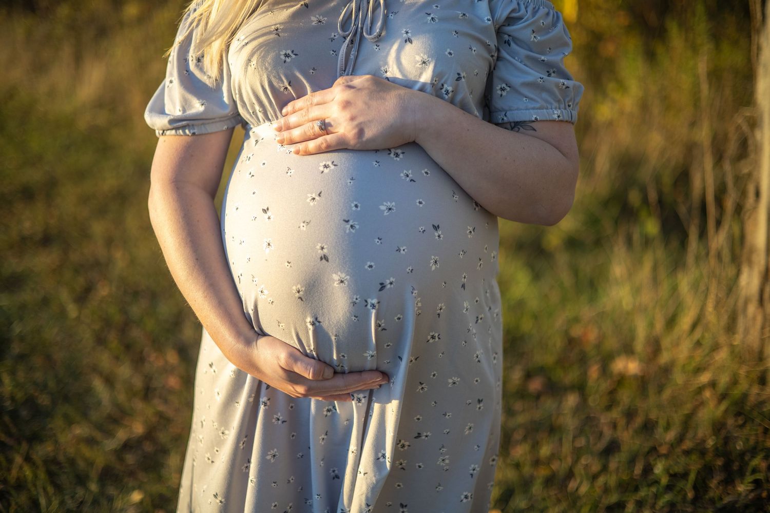 Maternity portraits captured in natural lighting with soft focus.