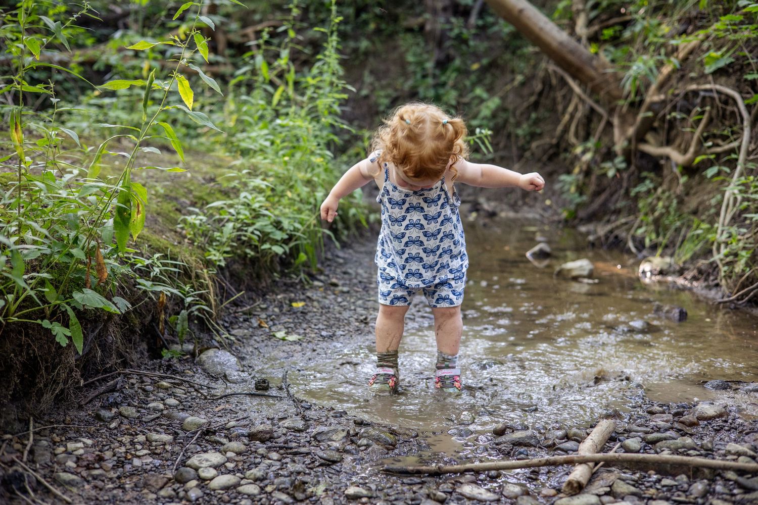 Child playing and splashing in a shallow creek or stream surrounded by greenery.
