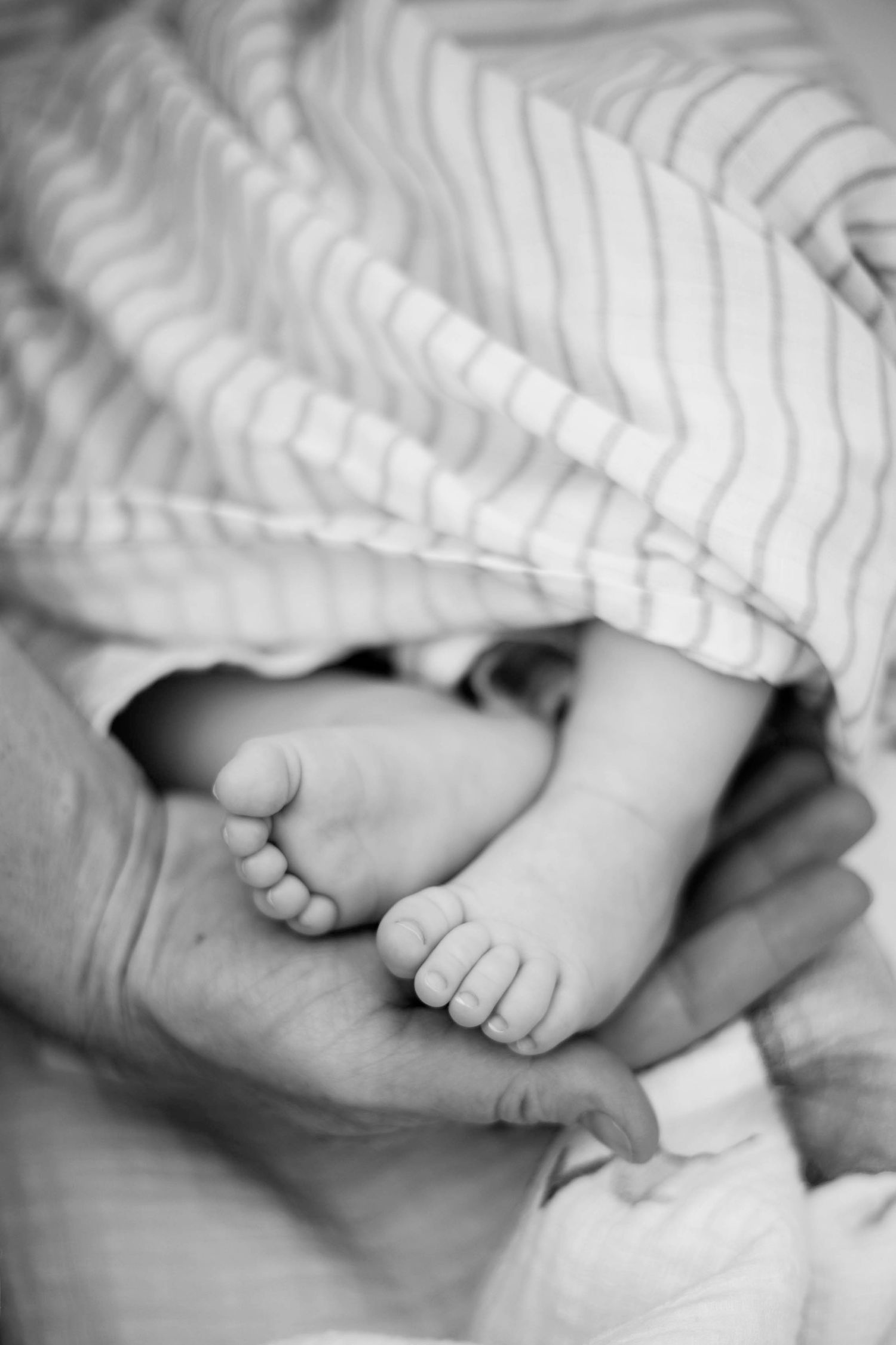 Series of black and white images showing baby feet peeking out from under striped bedding.