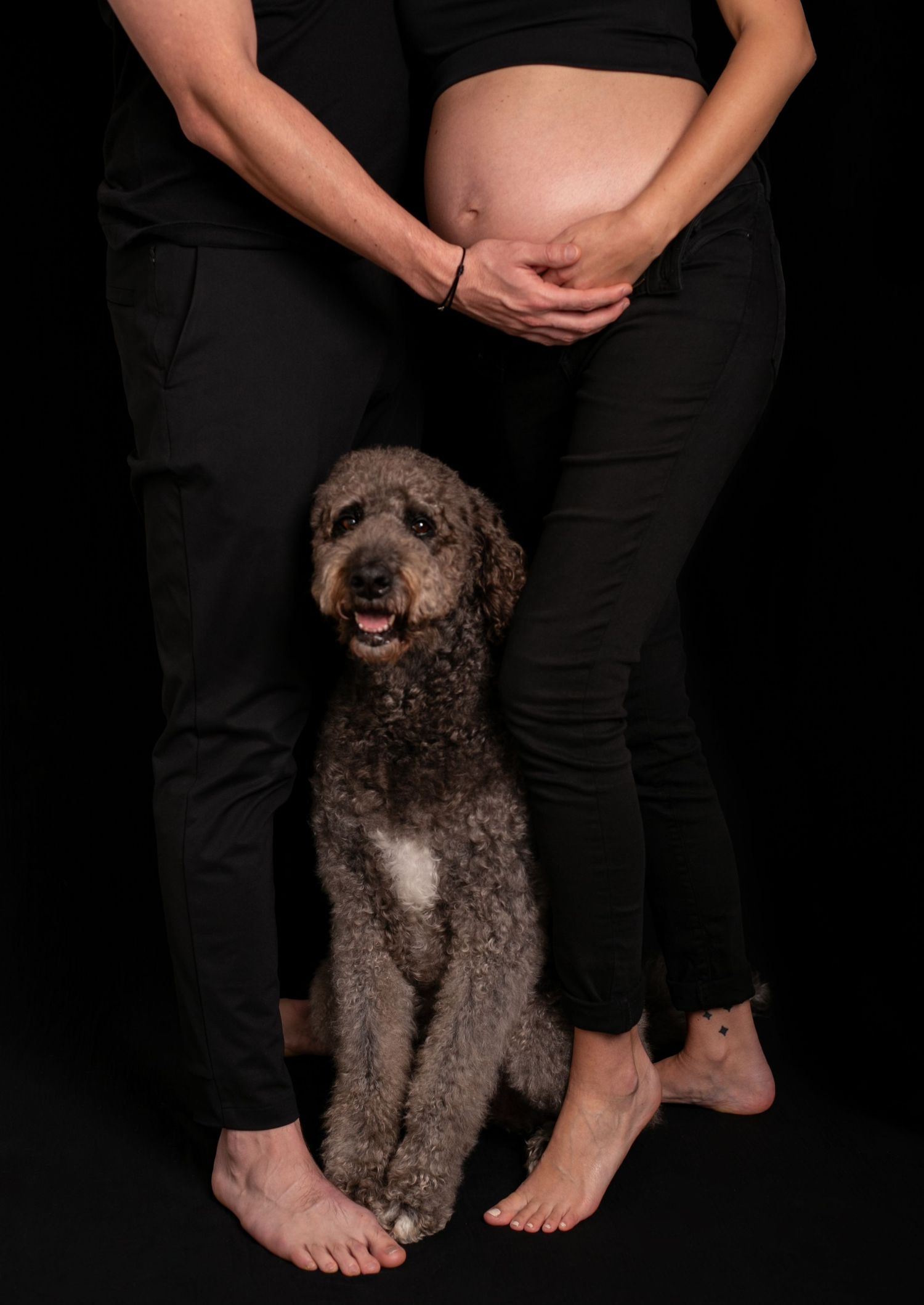 A curly-haired brown Labradoodle dog sits happily next to bare feet against a black background.