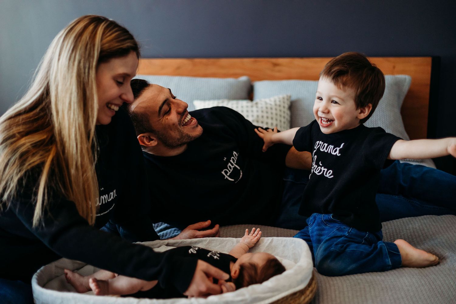 A series of candid lifestyle photos showing playful moments between family members relaxing on a couch together.