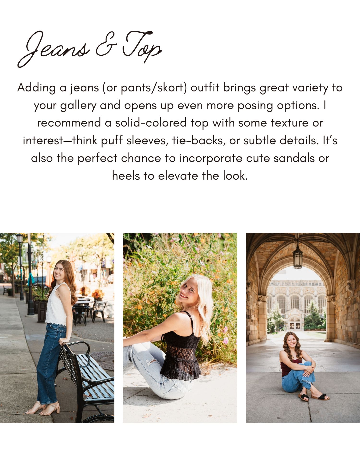 A collection of fashion photos showing different outfits with jeans paired with tops and heels in outdoor settings.