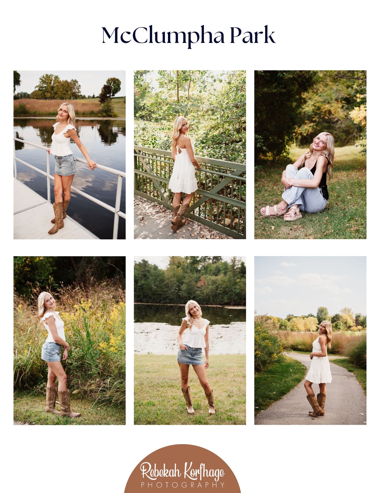 A collection of outdoor portrait photographs taken at McClumpha Park showcasing casual poses and natural scenery.