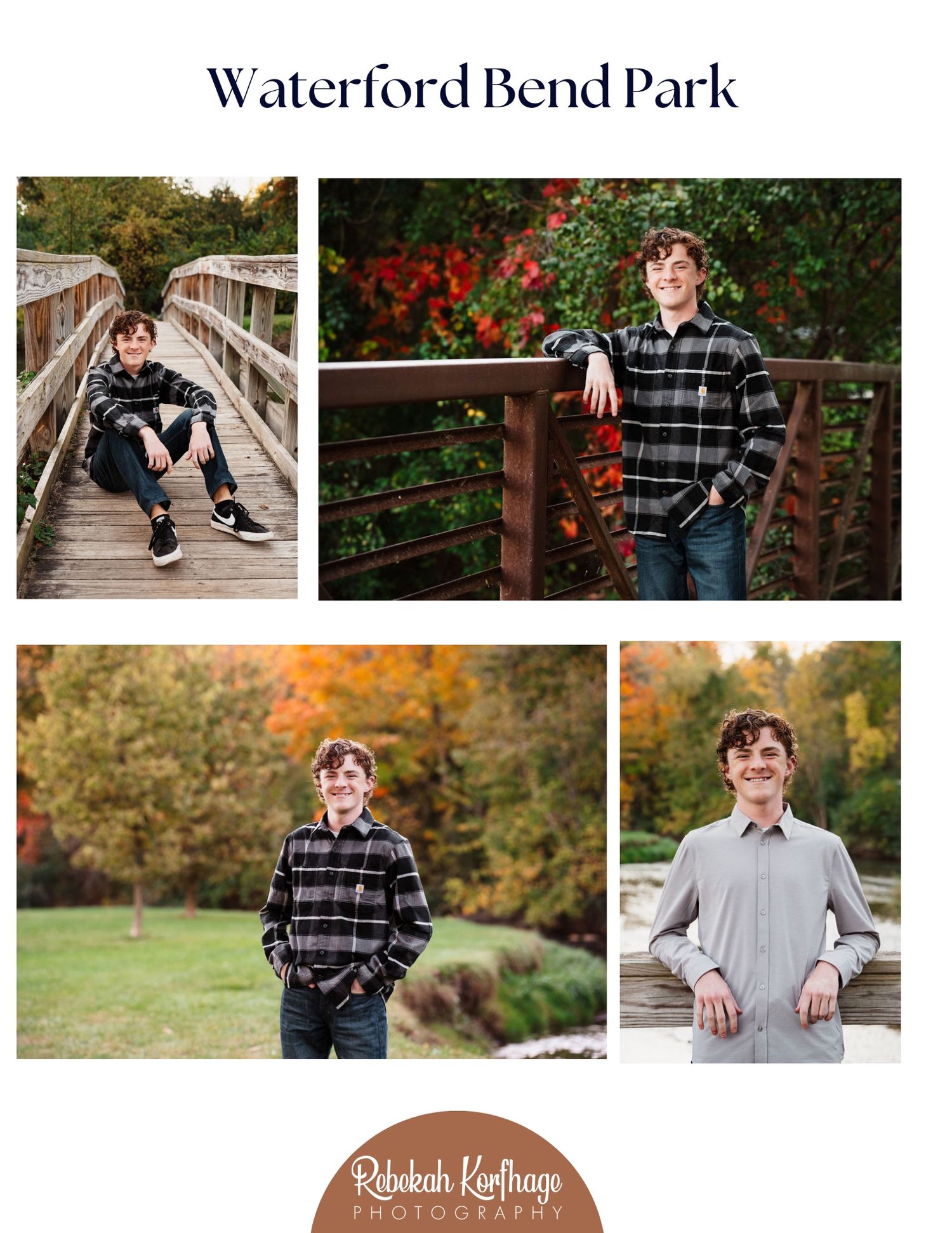 A collection of outdoor portrait photos taken at Waterford Bend Park during autumn featuring casual poses on wooden bridges.
