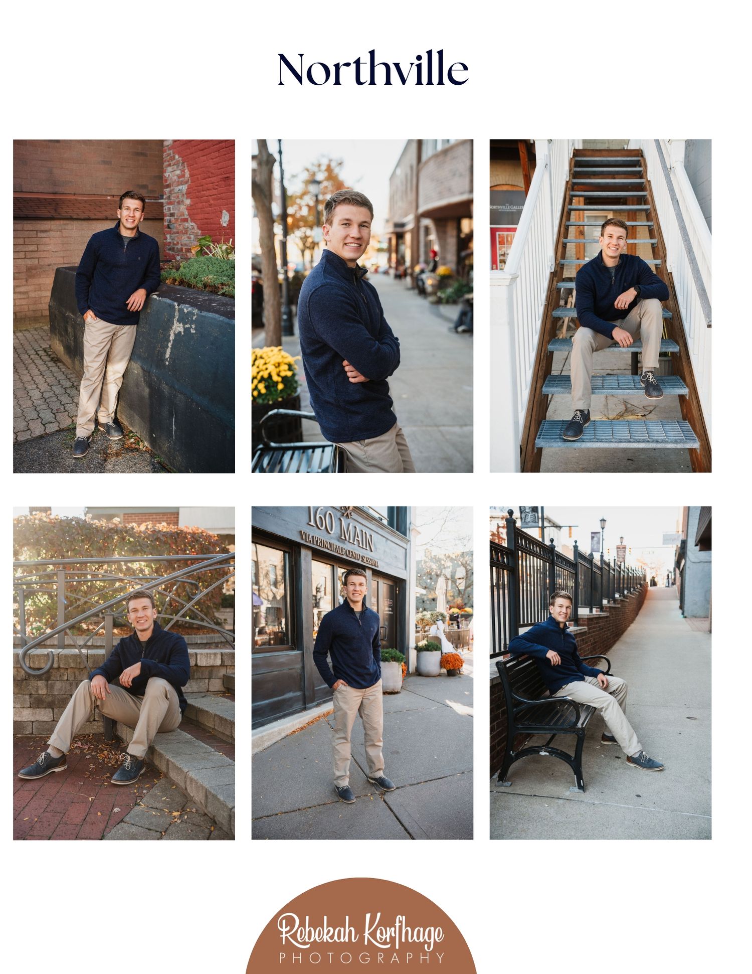 Professional casual portraits taken in downtown Northville featuring brick buildings and autumn scenery.