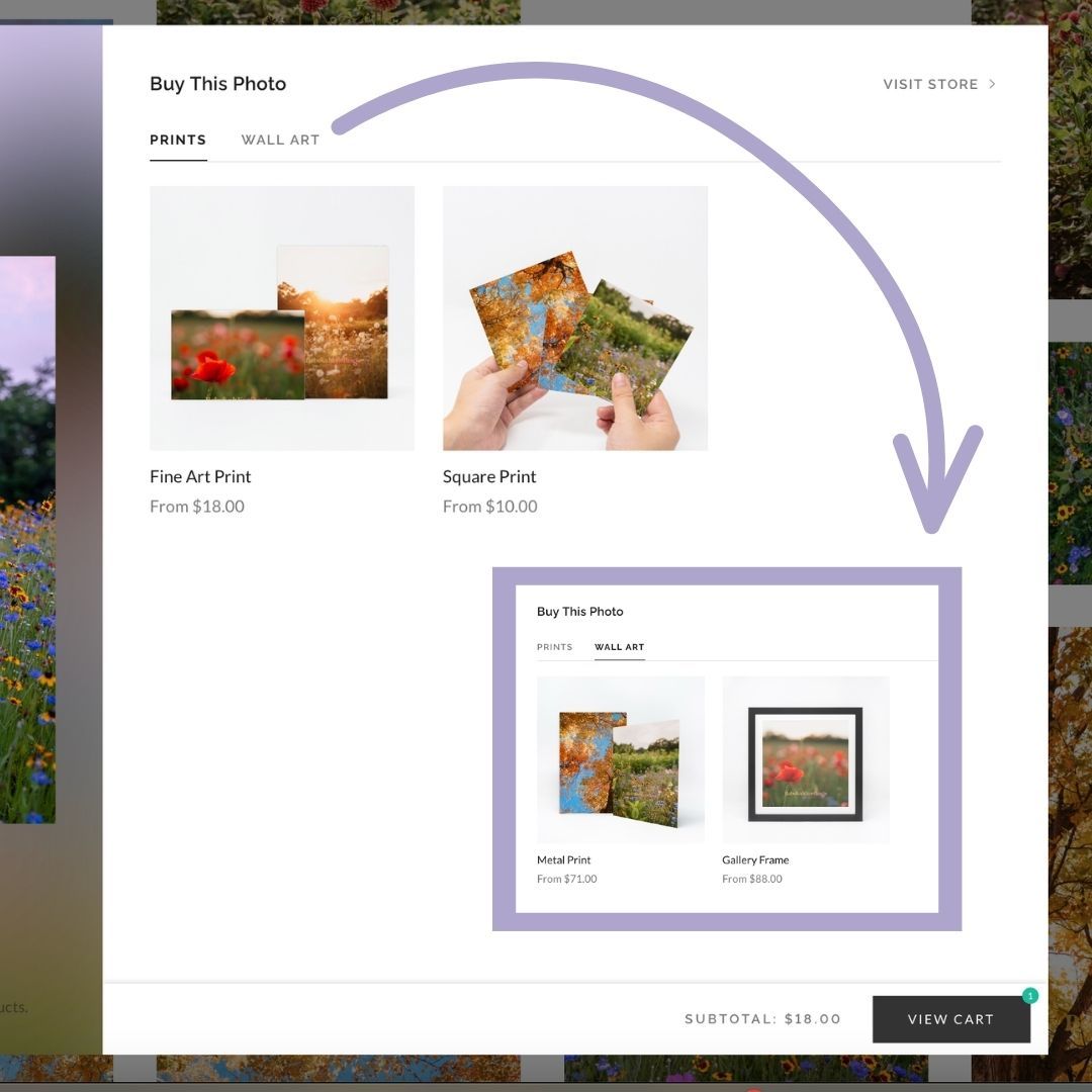 Screenshot of a Buy This Photo menu showing fine art and square prints of a wildflower meadow, with an arrow pointing to wall art options.