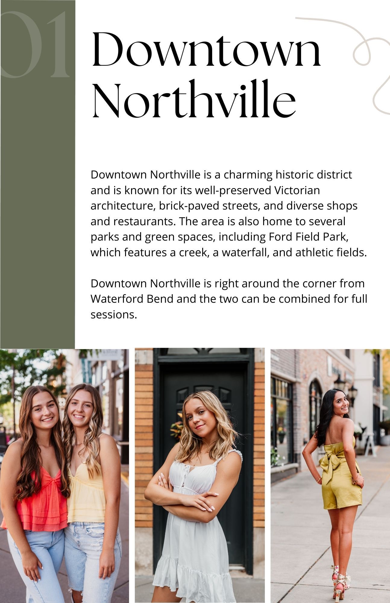 Group of fashionable women posing casually outdoors in a historic downtown district with brick buildings and storefronts.