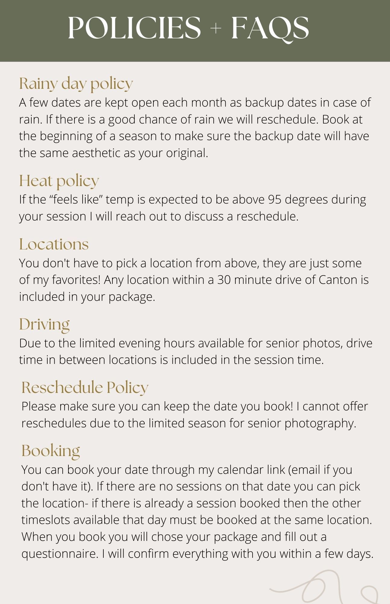 A policies and FAQs webpage section showing text about booking, rescheduling, and rainy day policies for photography sessions.