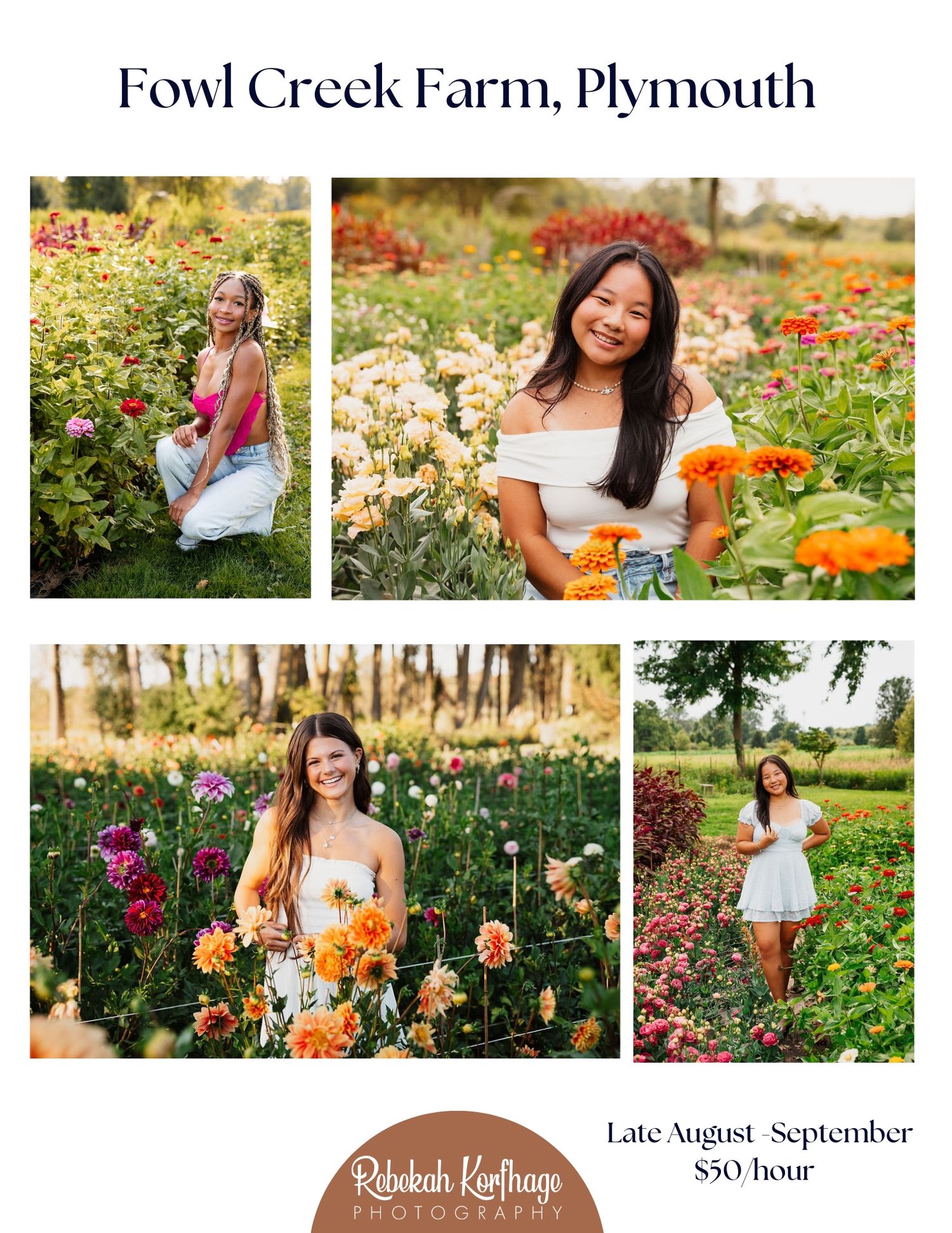 A vibrant flower field with orange and pink blooms showcases a late summer photoshoot setting at Fowl Creek Farm in Plymouth.