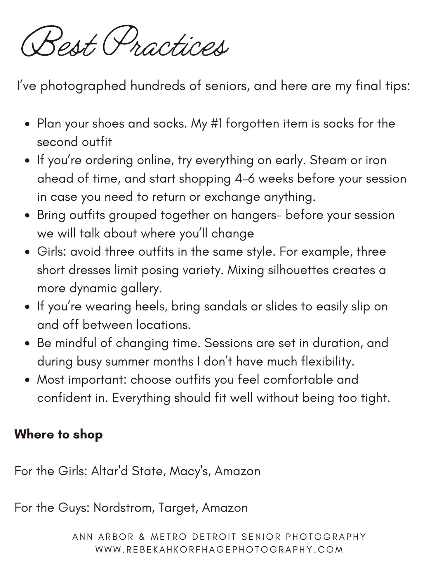 A text-based guide showing clothing tips and best practices for senior photo sessions with shopping recommendations.