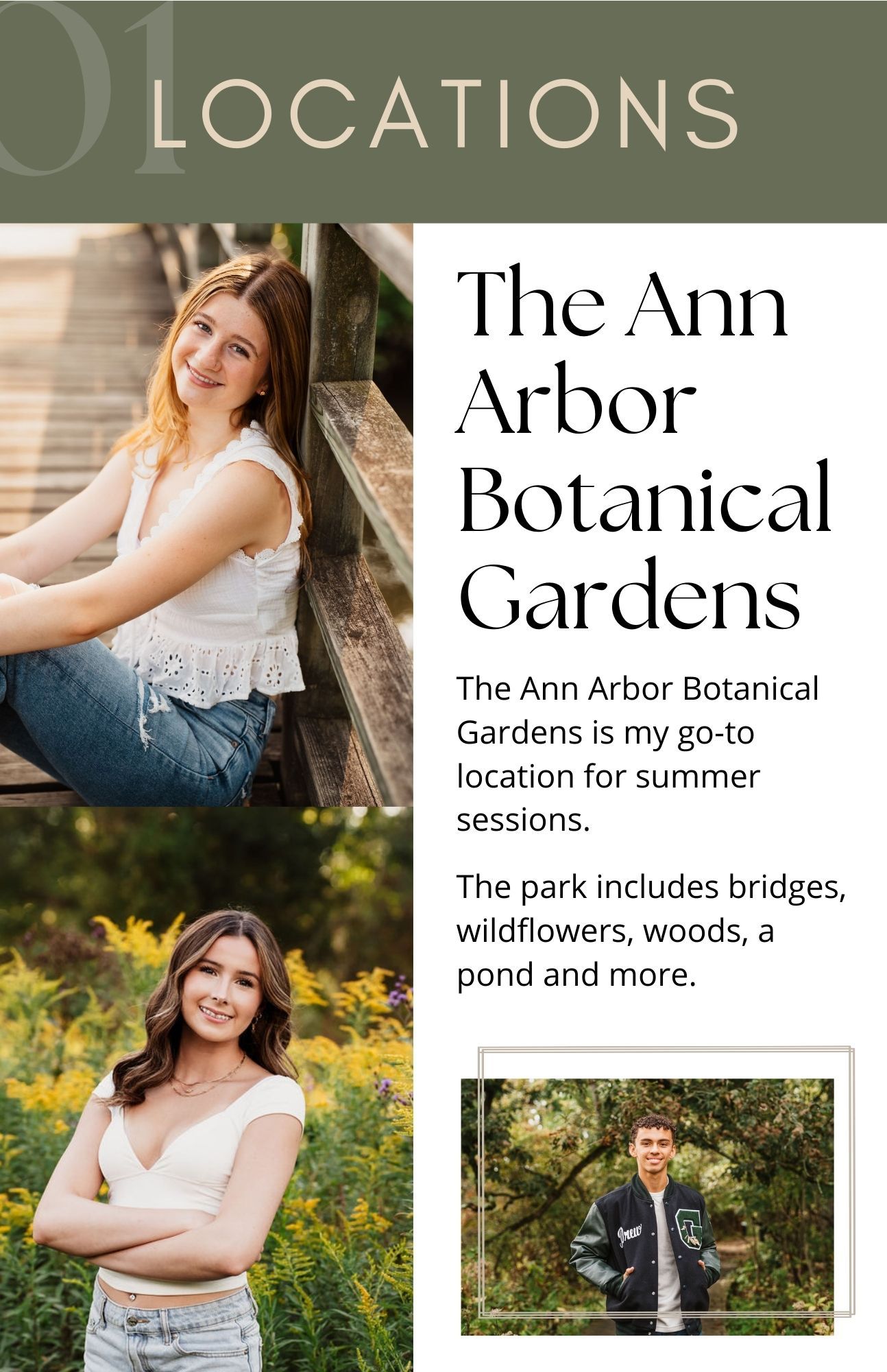 A collection of outdoor portrait photos showcasing the Ann Arbor Botanical Gardens with bridges, ponds and natural scenery.
