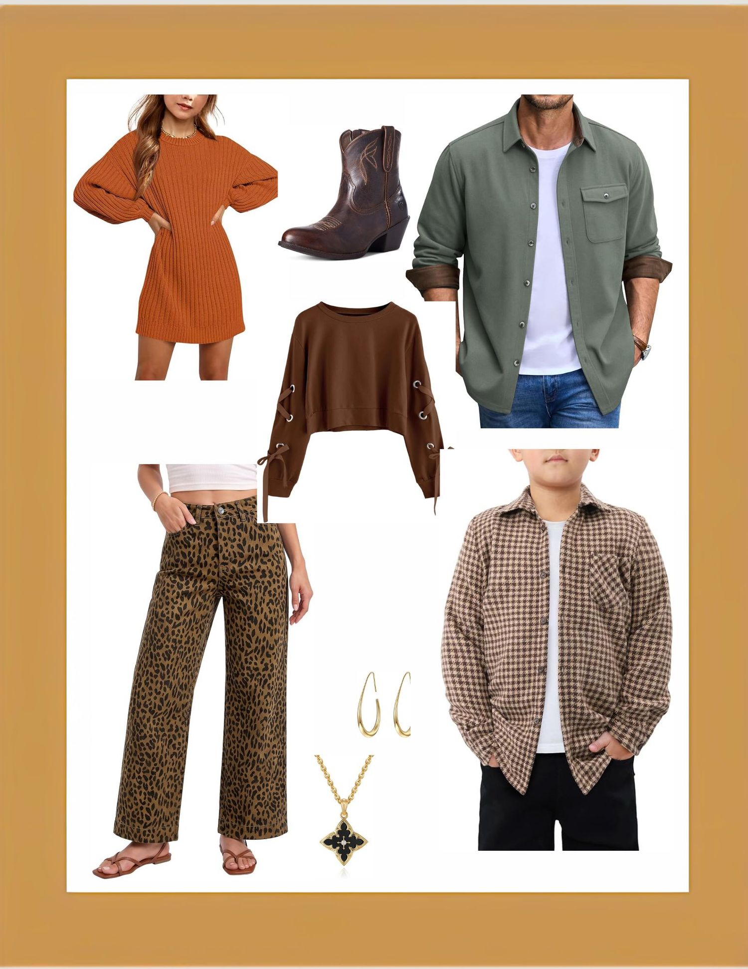 Fall fashion collage featuring orange sweater dress, brown boots, green shirt, leopard pants, plaid shirt, and gold accessories.