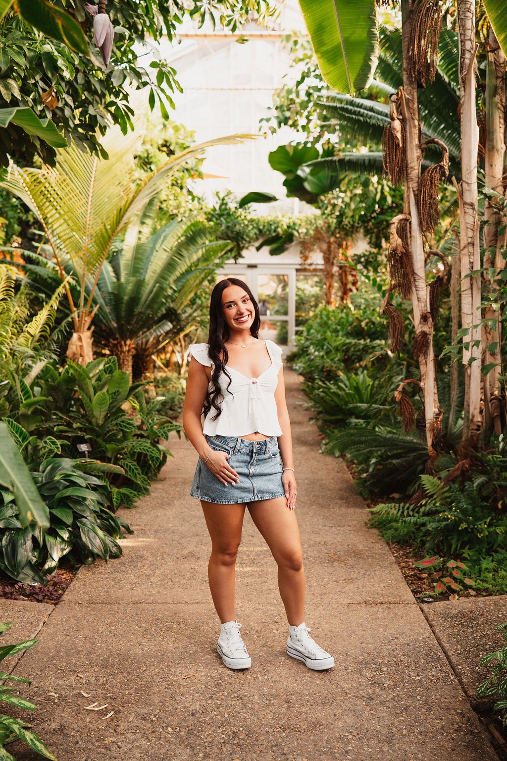 Tropical garden pathway lined with lush palm trees and cycads.
