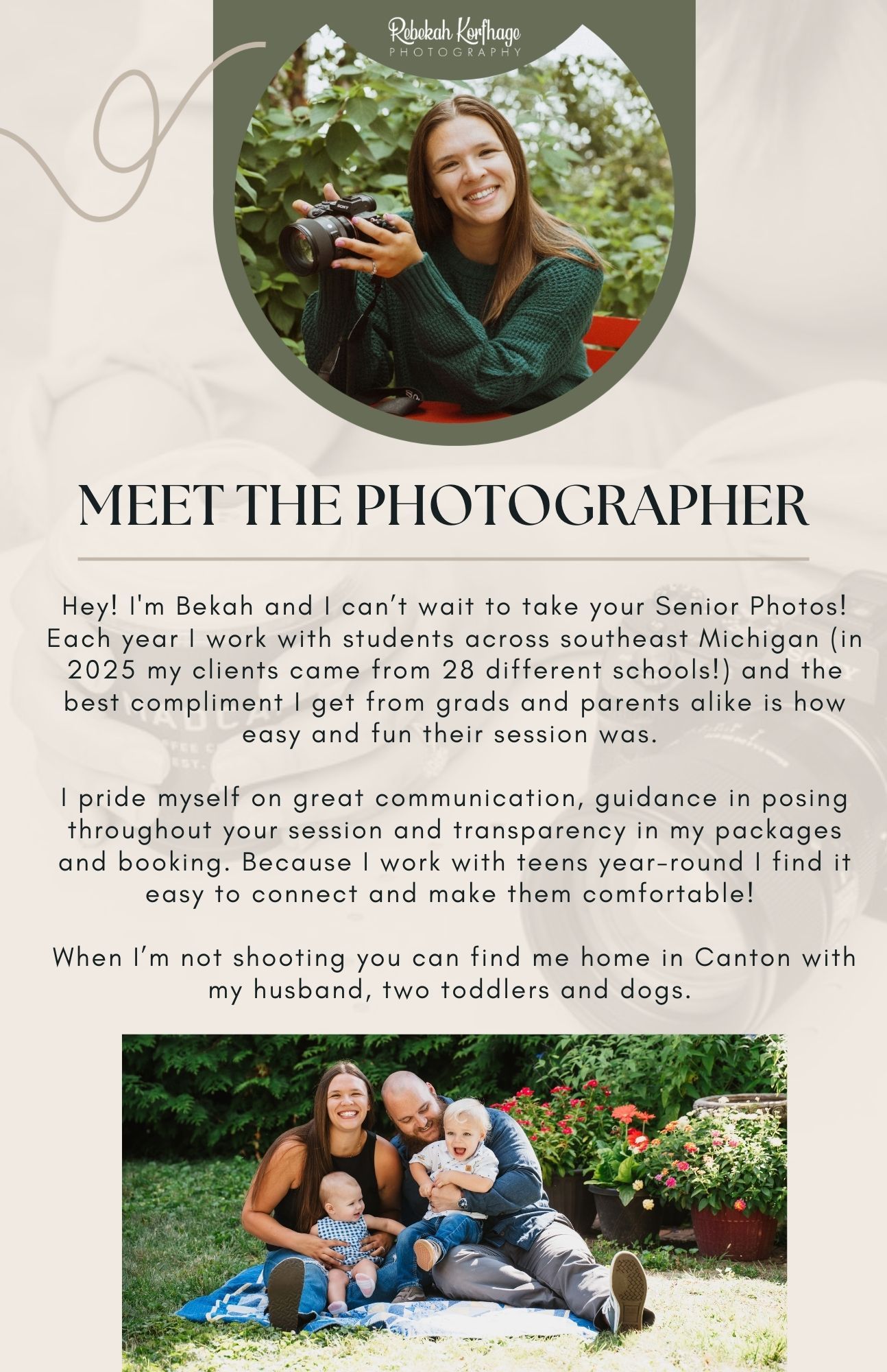 A photography website layout showcasing outdoor portrait sessions and business branding elements in green and white tones.