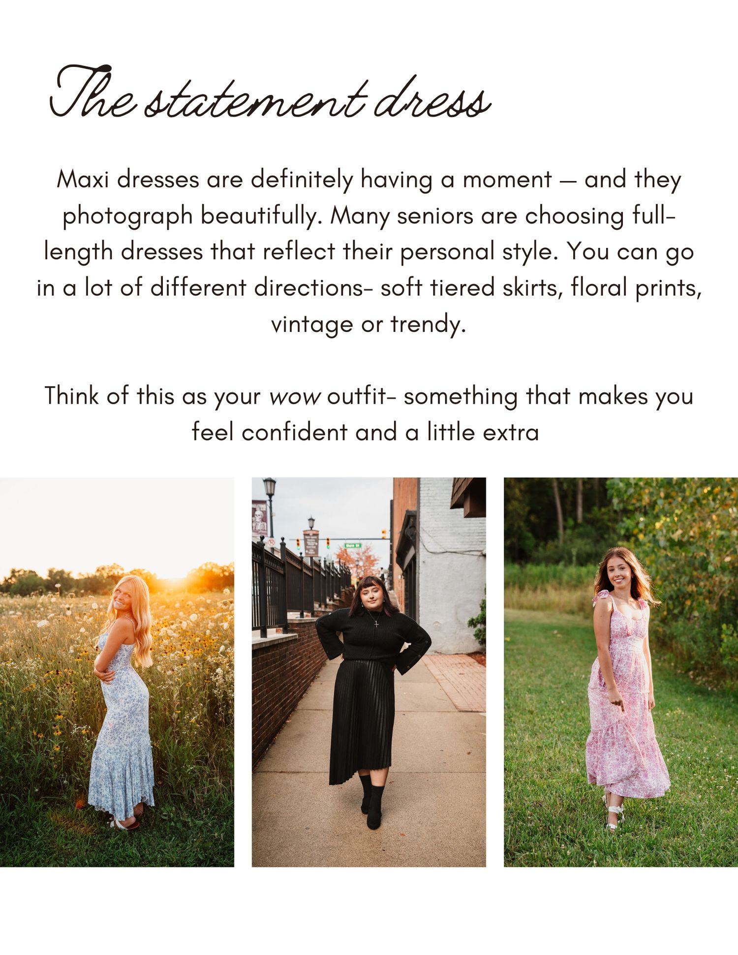 A collection of outdoor portrait photos showing people in statement dresses against natural backdrops at sunset.