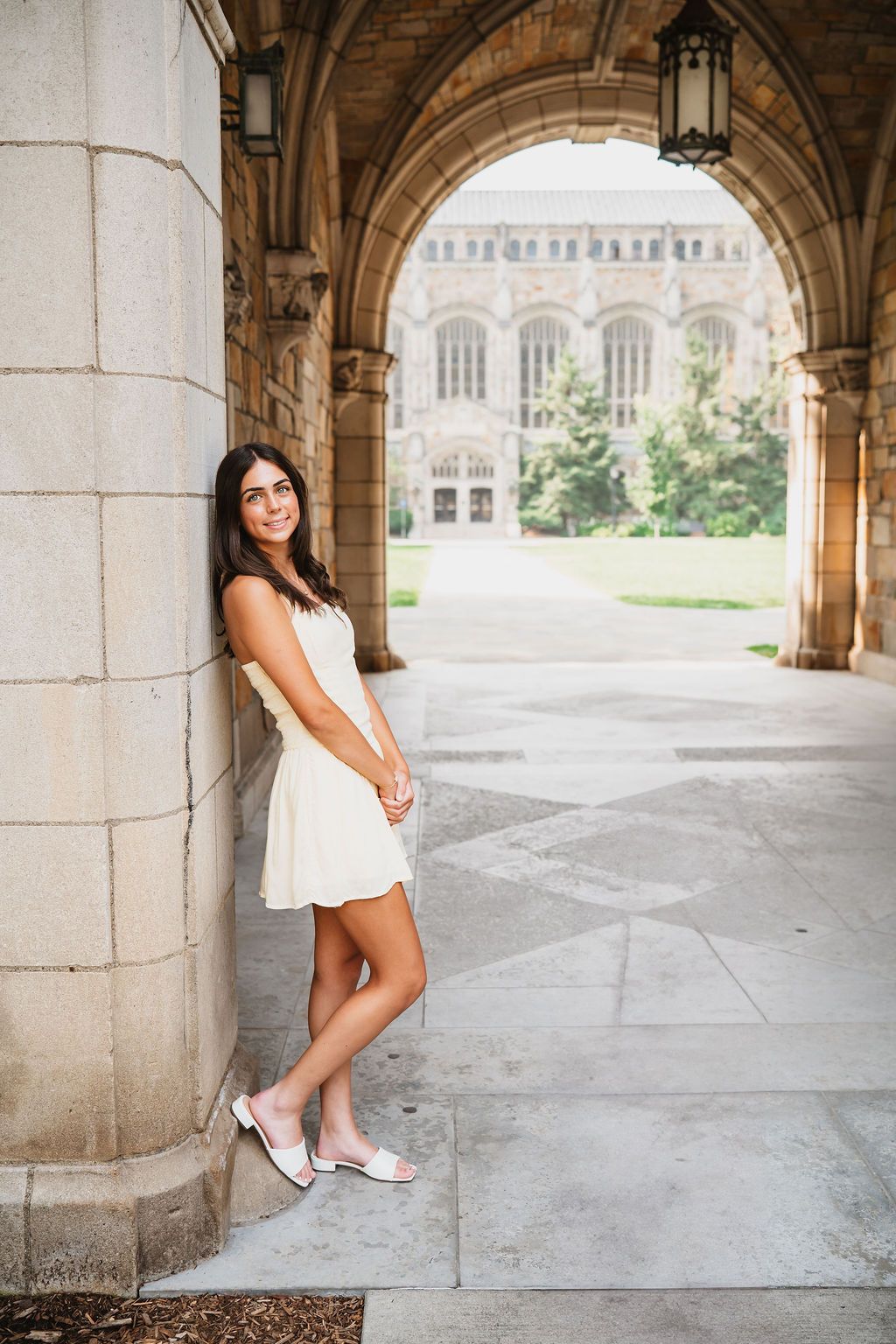 A sequence of photos under ornate stone archways showing collegiate Gothic architecture.