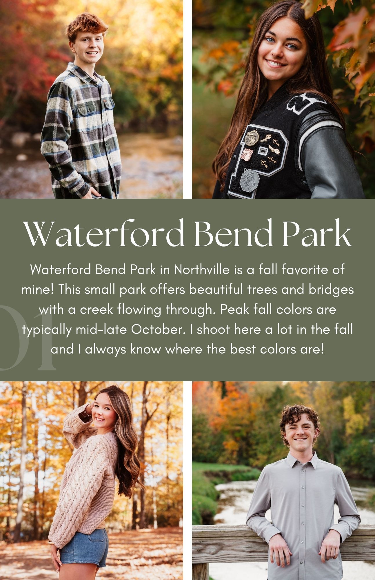People enjoying autumn photography sessions at Waterford Bend Park with vibrant fall foliage and golden sunlight.