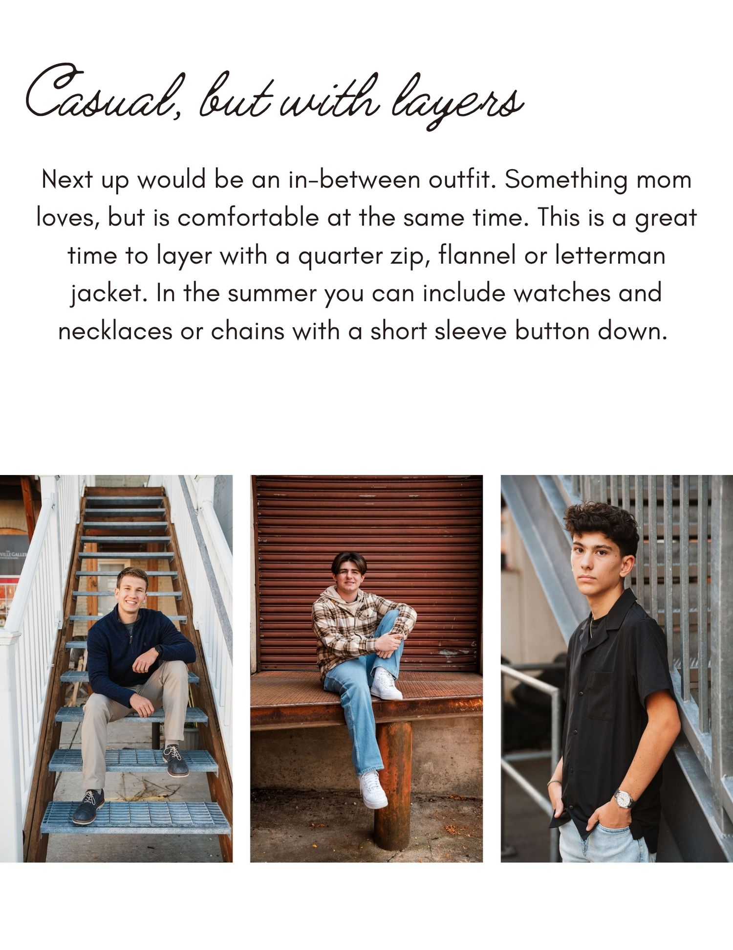 A collage of casual menswear outfits featuring layered looks with jeans, jackets, and button-down shirts.
