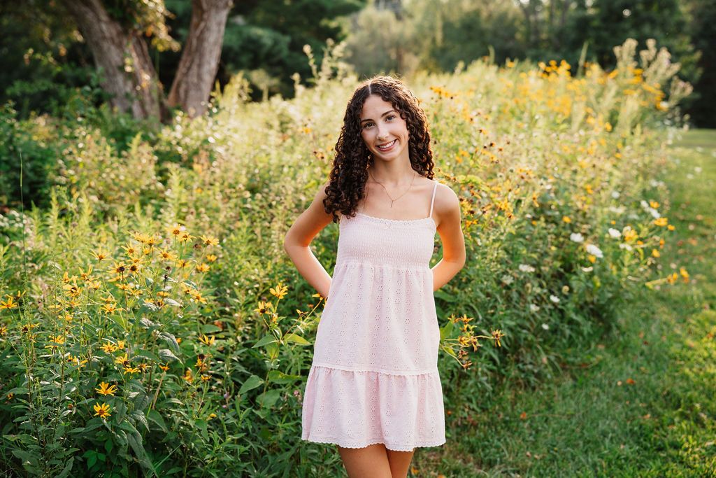 A sequence of dreamy summer portraits in a white dress among blooming yellow wildflowers and greenery.