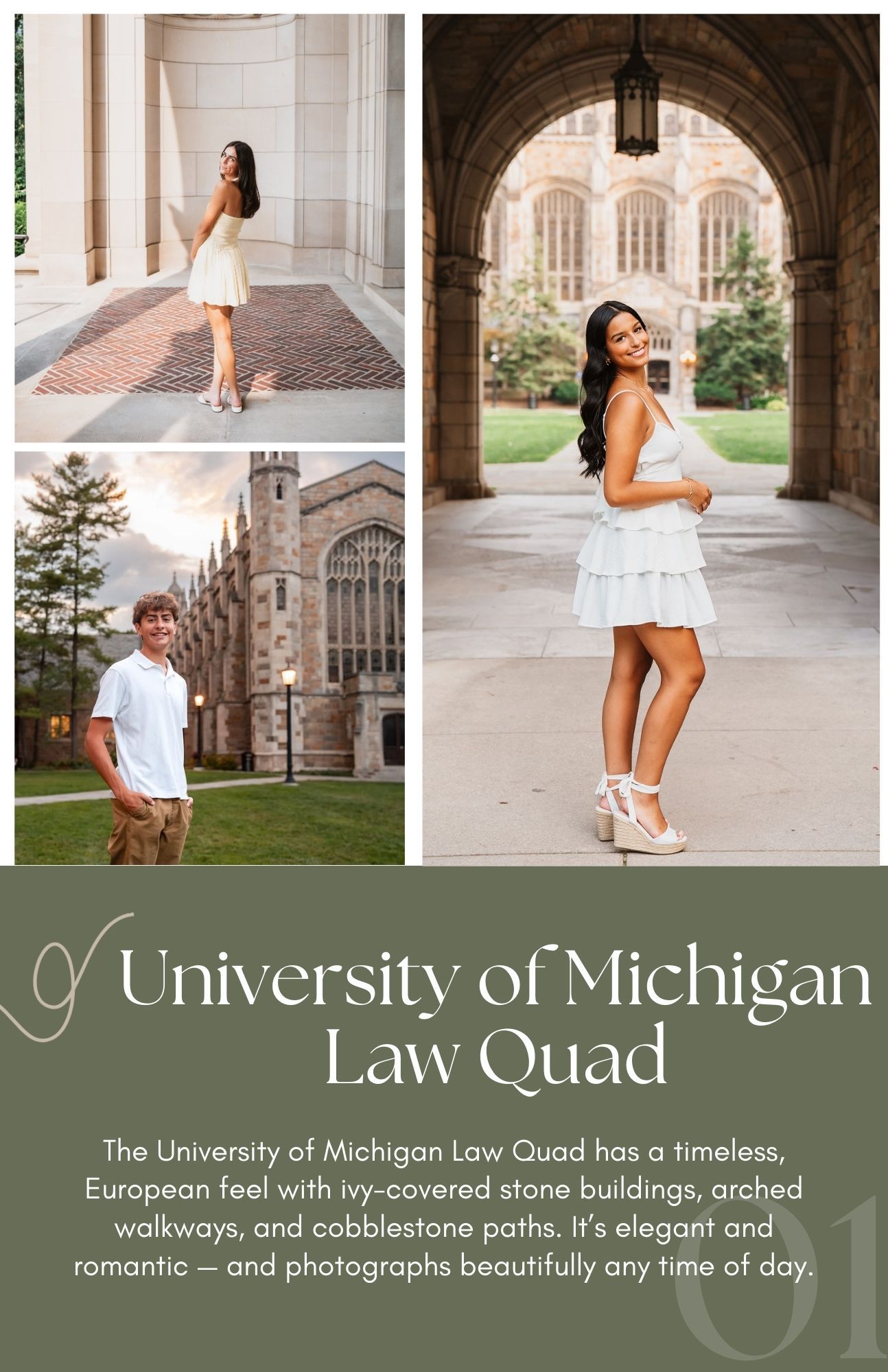 Gothic stone archways and columns frame elegant views of the University of Michigan Law Quad on a sunny summer day.
