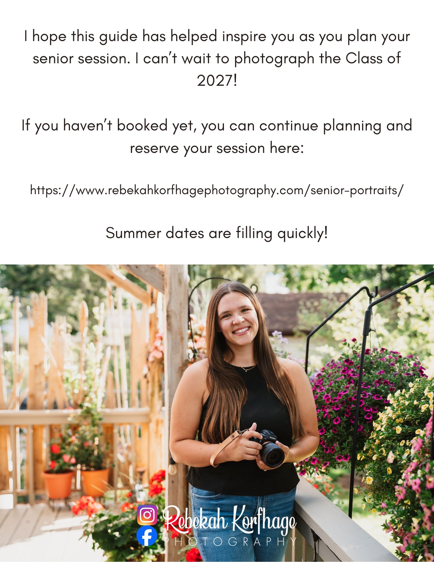 A collage of outdoor senior portrait photography sessions featuring bright flowers and brick architecture.