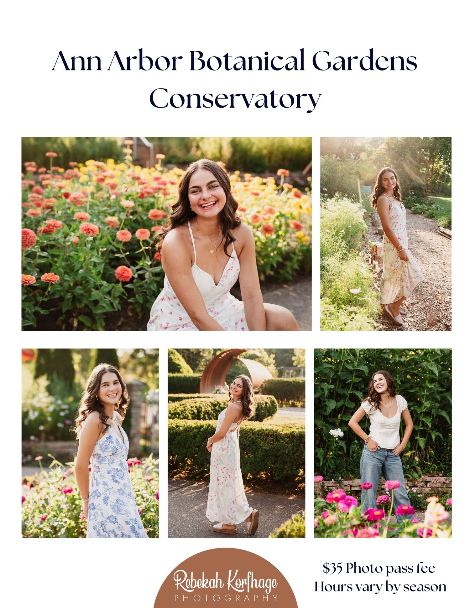 A collection of lifestyle portraits featuring floral garden settings at Ann Arbor Botanical Gardens during a summer photo session.