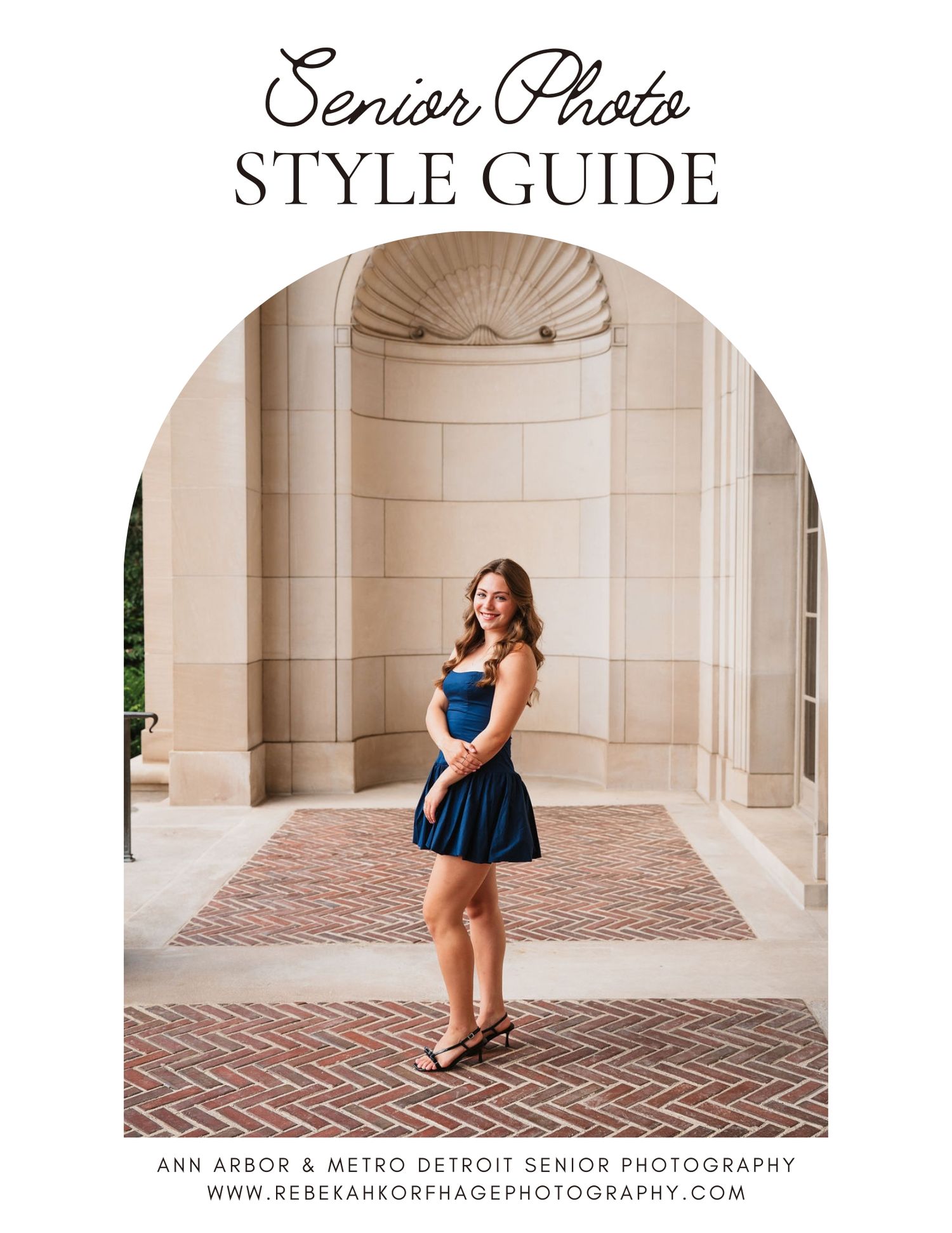 A sequence of four photos showing a person in a blue dress posing against a light stone building with arched columns.