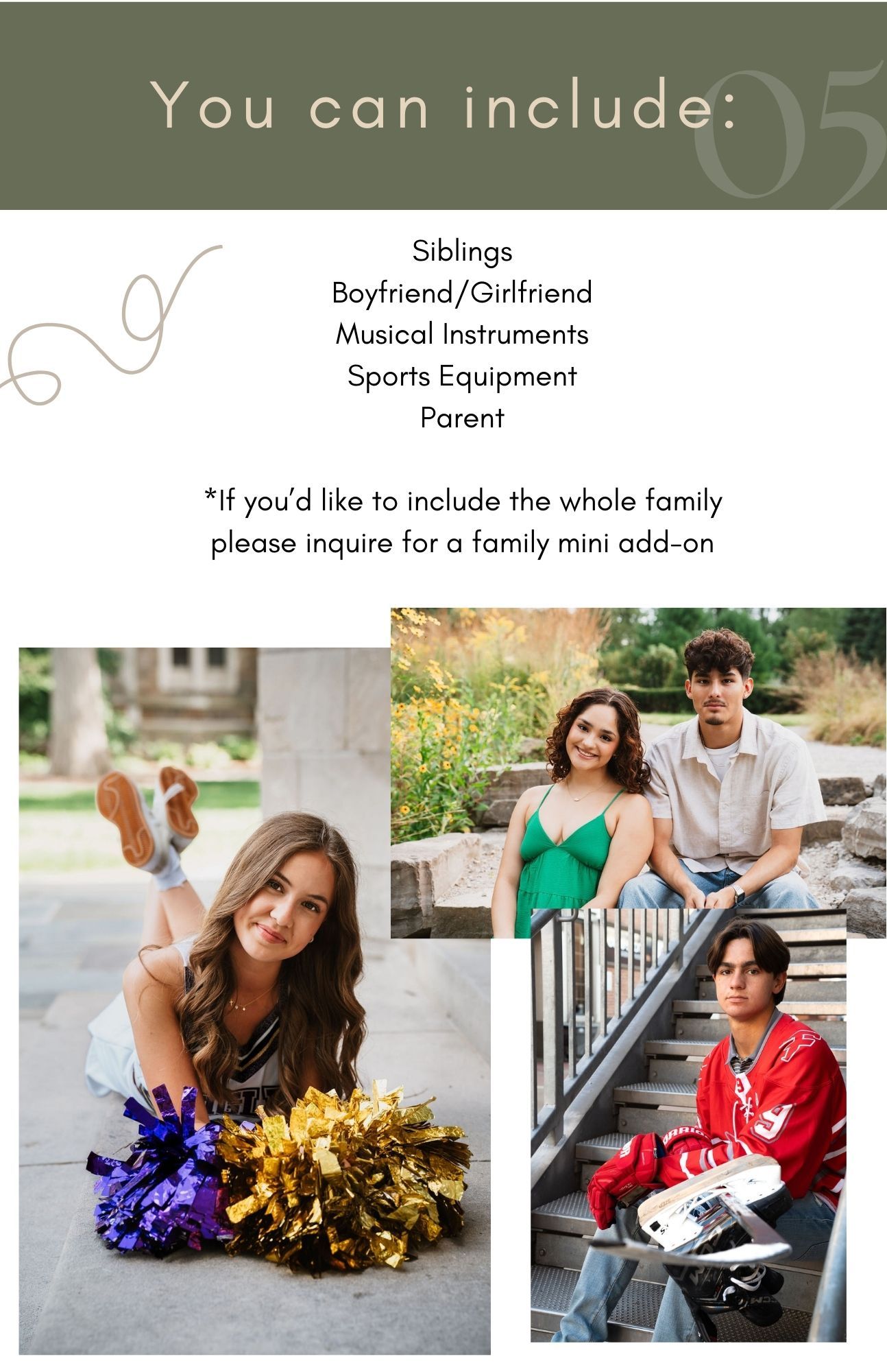 High school senior portrait photo session collage showing students with sports equipment and cheerleading props outdoors.