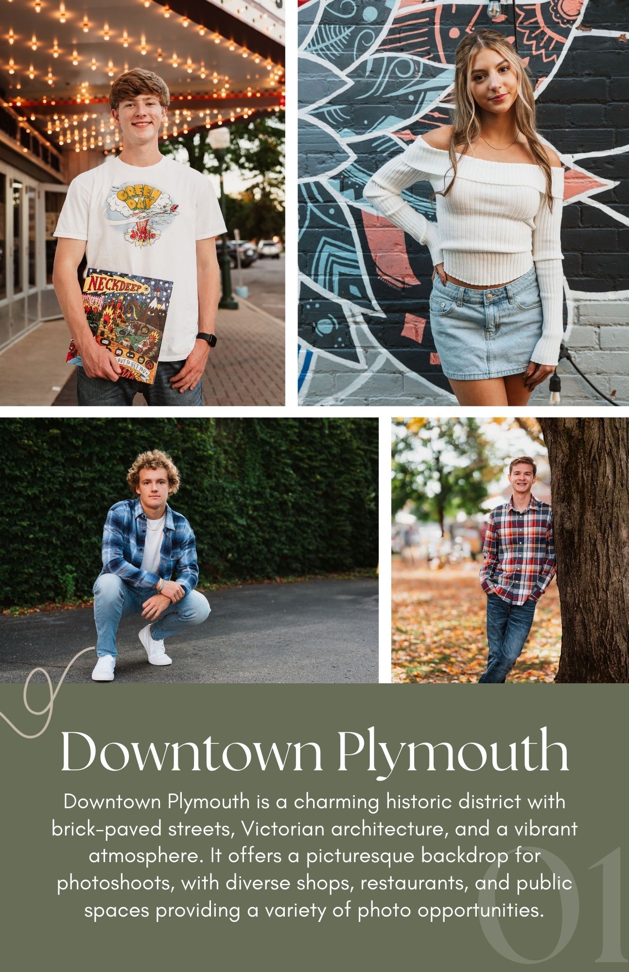 Collage of downtown Plymouth scenes showing brick streets, string lights, storefronts and casual lifestyle photos.