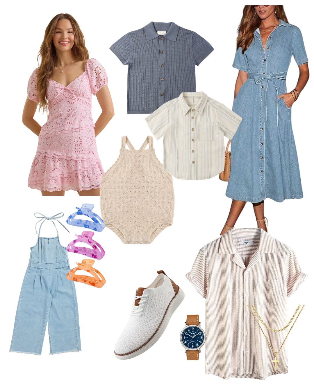 A family coordinated outfit collage featuring pink lace dress, denim shirtdress, boys shirts, baby romper, overalls, and accessories.