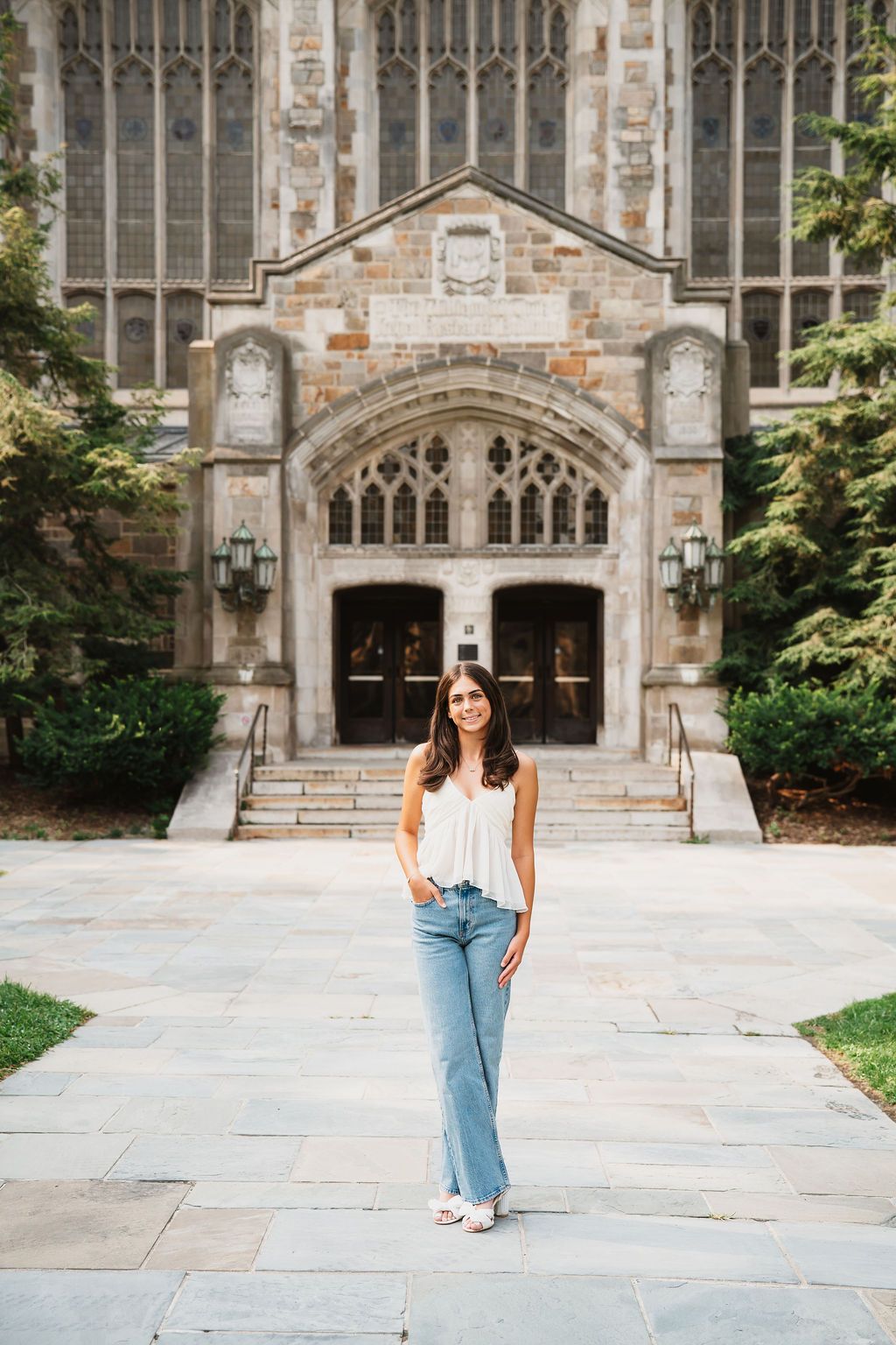 A series of photos showing Gothic university architecture with stone arches and steps on a sunny day.