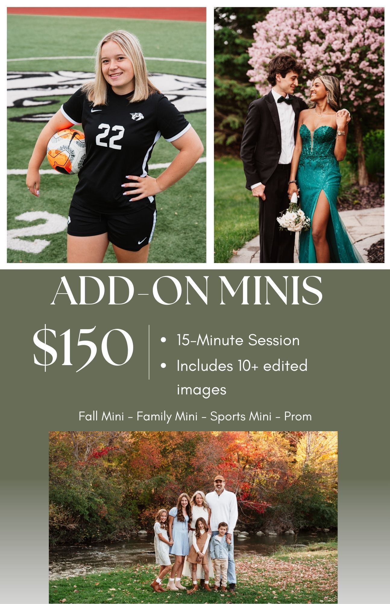 A photo collage showcasing outdoor portrait photography sessions including sports, family, and formal occasions in natural settings.