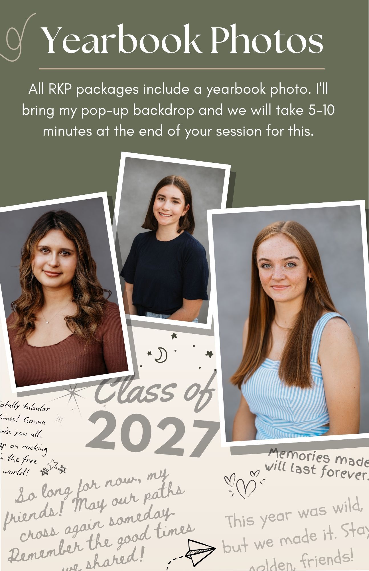 Collection of yearbook photos arranged in a collage with handwritten notes and Class of 2027 text overlay.