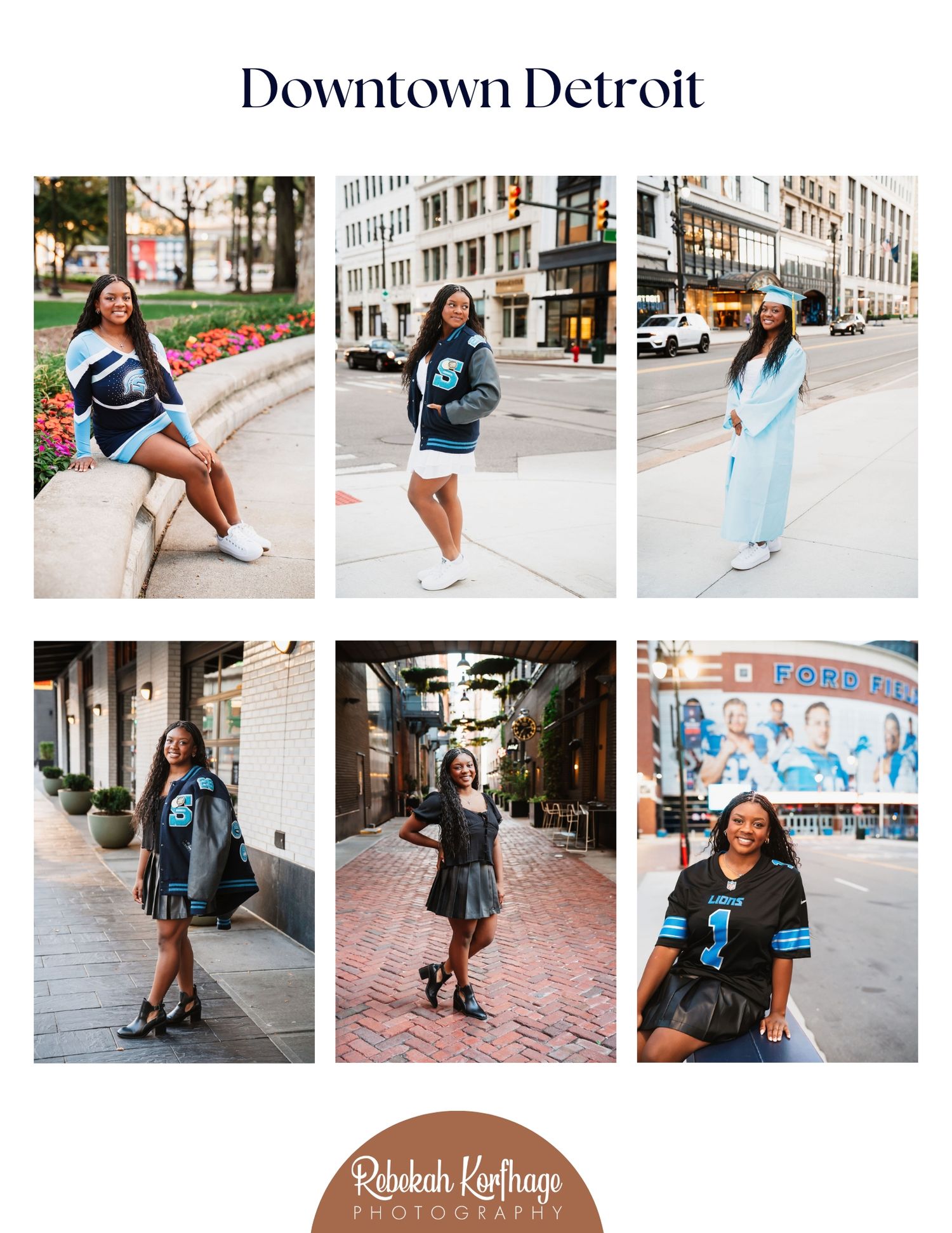 A stylish urban photoshoot in downtown Detroit featuring casual outfits and architectural backdrops.