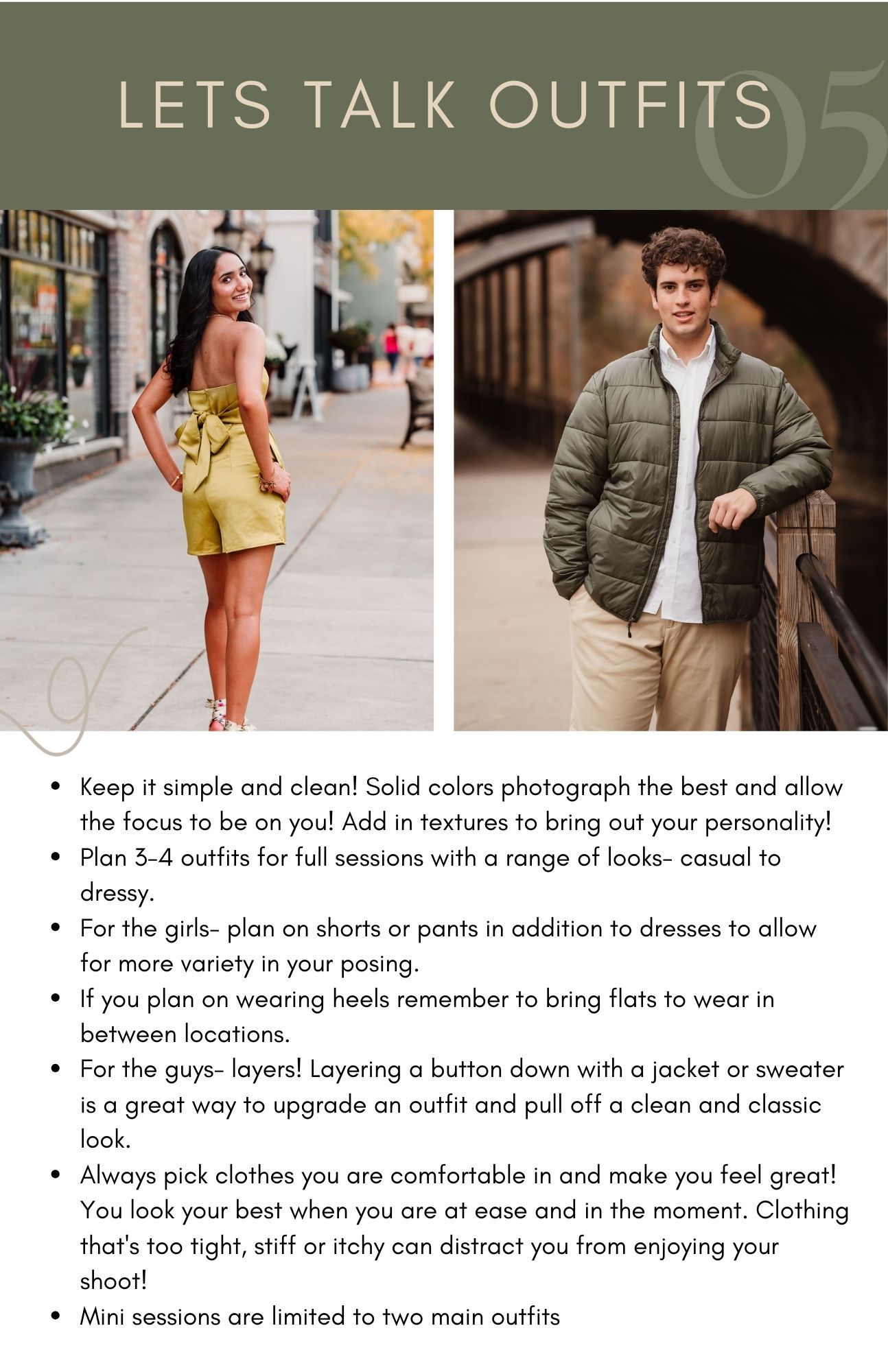Fashion photography tips and outfit advice shown in a carousel of social media posts with text overlays.