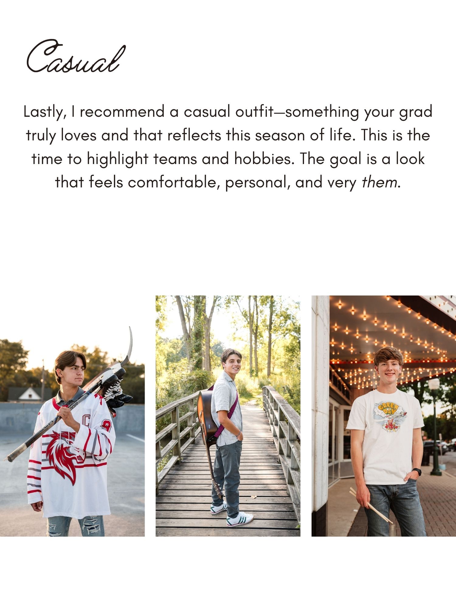 Three casual fashion photos showing people wearing relaxed outfits with graphic tees and streetwear under string lights and outdoors.