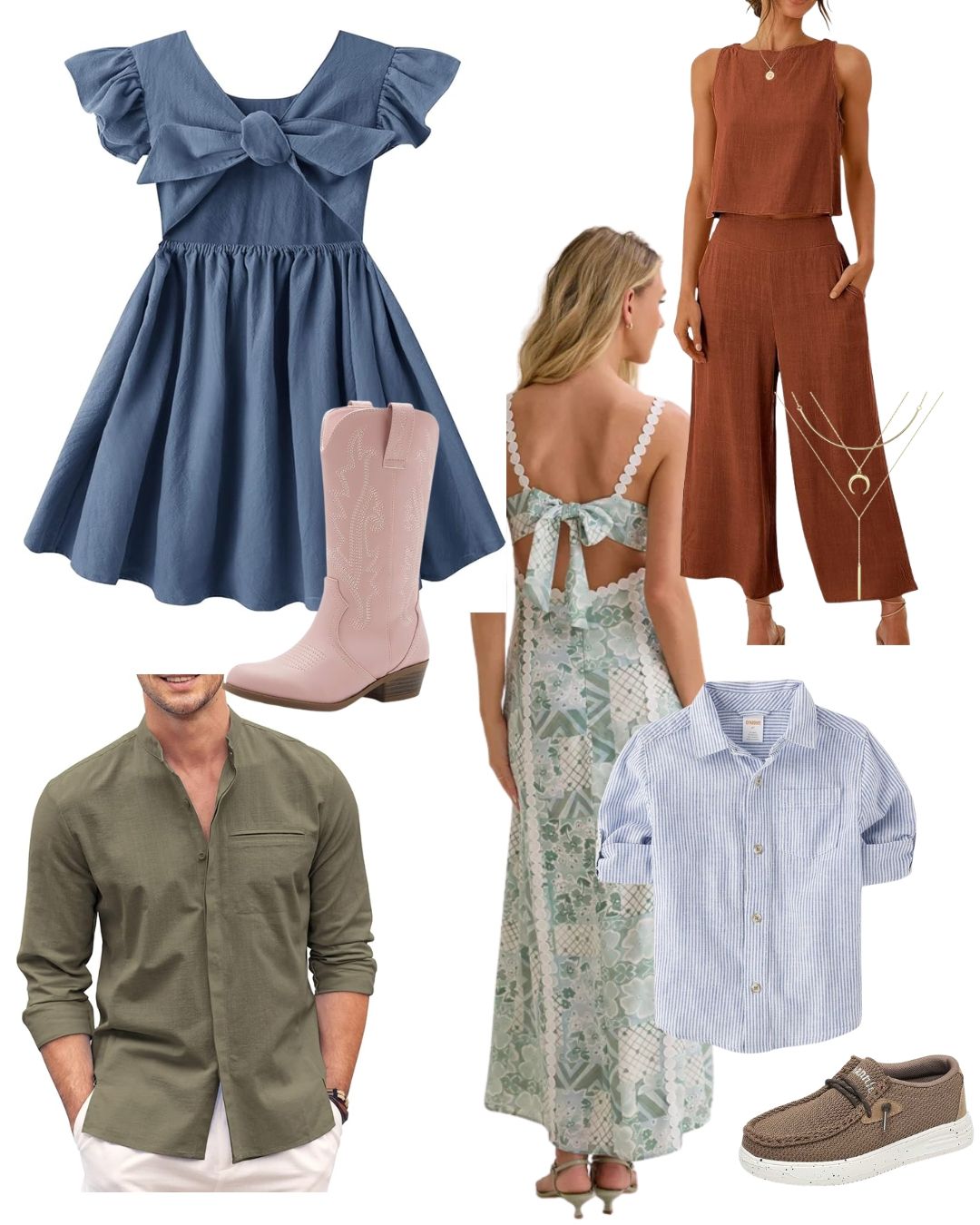 Family outfit collage featuring blue girl dress, pink cowboy boots, floral maxi dress, rust jumpsuit, olive men's shirt, and blue boy's shir