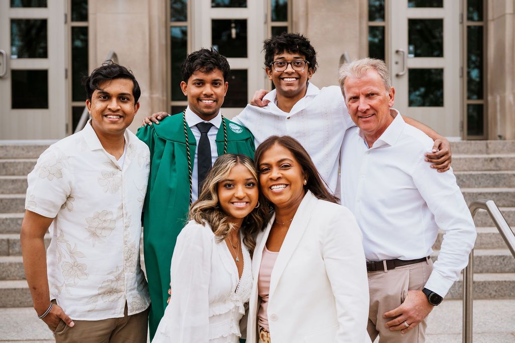 A group of people in green and white outfits smile together in a series of casual outdoor photos.