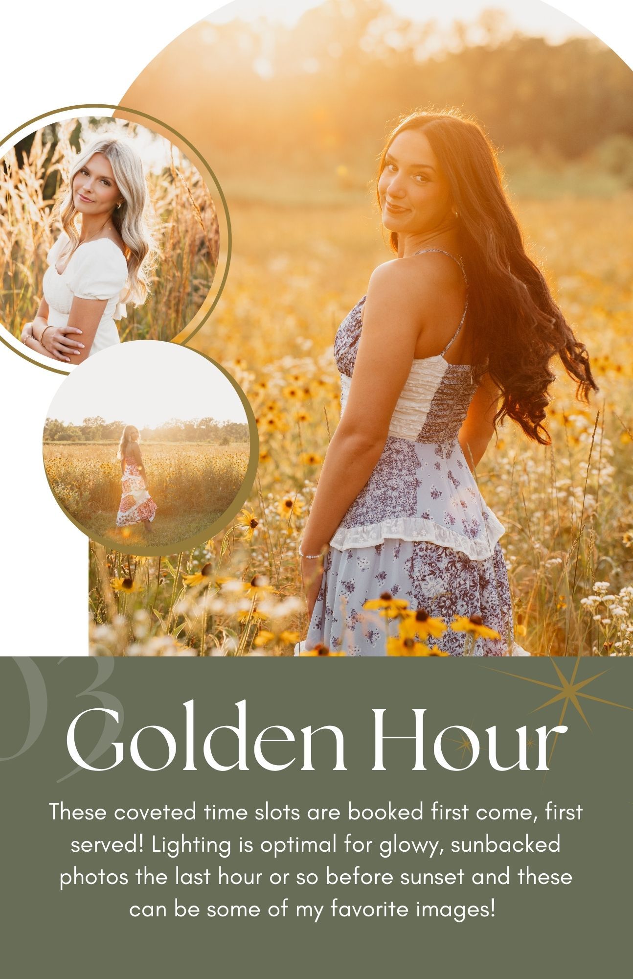 A golden sunset illuminates a field of wildflowers as a woman in a white dress poses during a summer photoshoot.