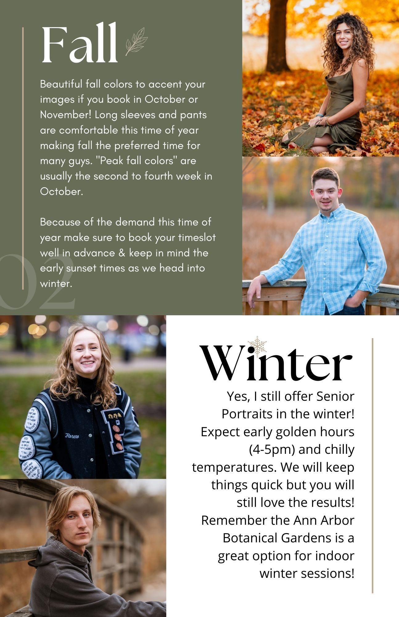 Collage of outdoor autumn photography tips showing golden hour lighting and fall foliage in portrait settings.