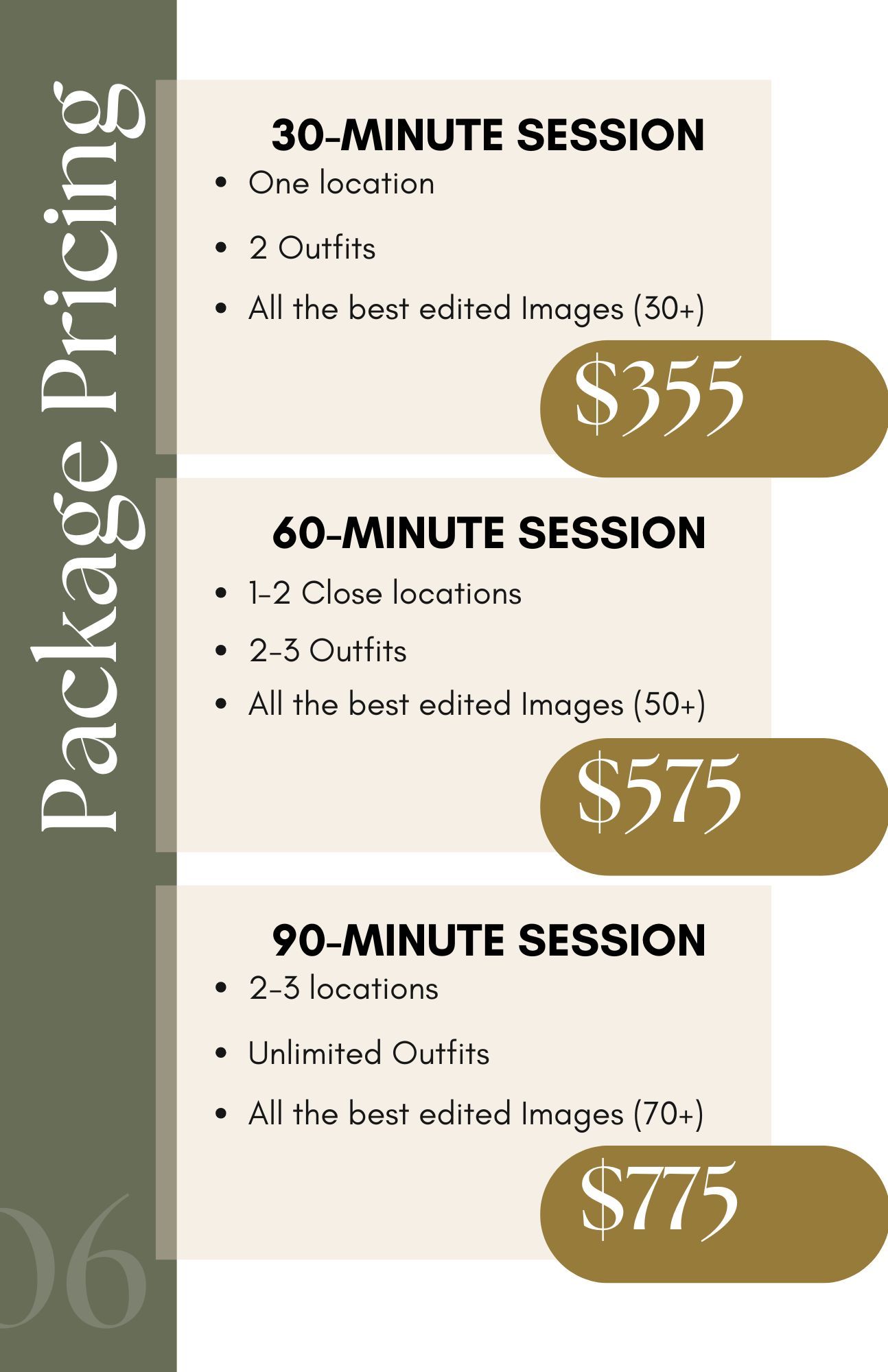Photography package pricing guide showing 30, 60, and 90-minute session options ranging from $355 to $775.