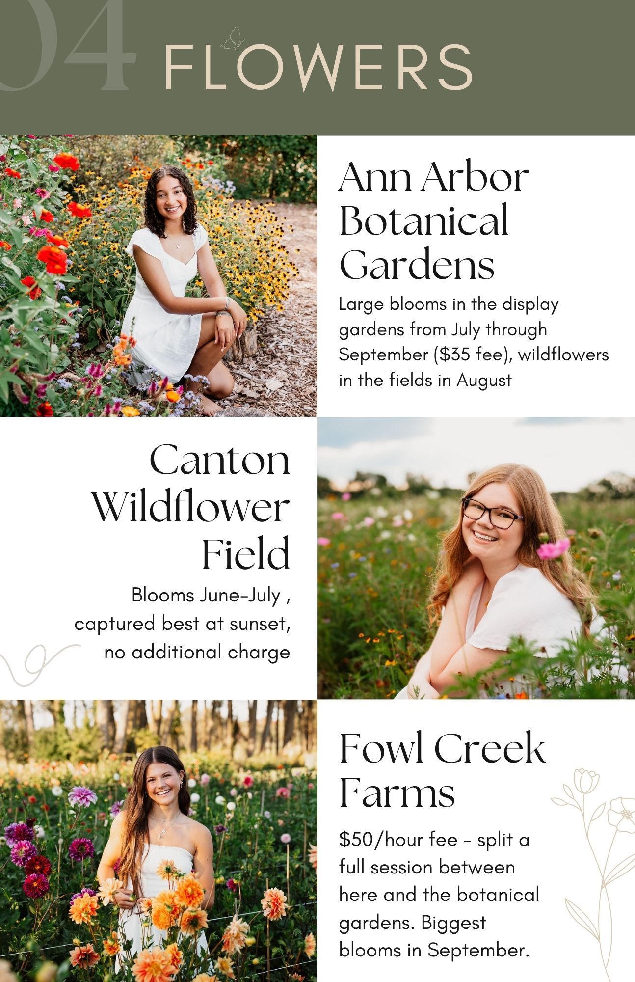 A collage of flower fields and gardens showing vibrant wildflowers and blooming seasons at various botanical locations.