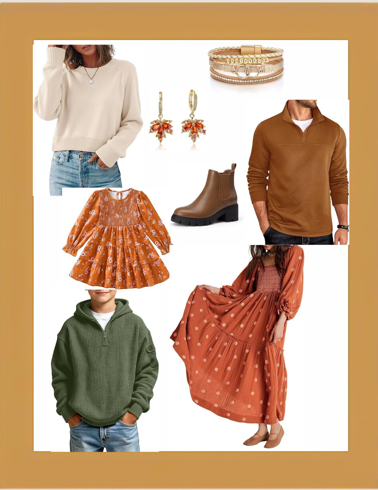 Fall family outfit collage featuring earth tones, floral dress, green hoodie, brown sweaters, boots, gold earrings, and bracelet.