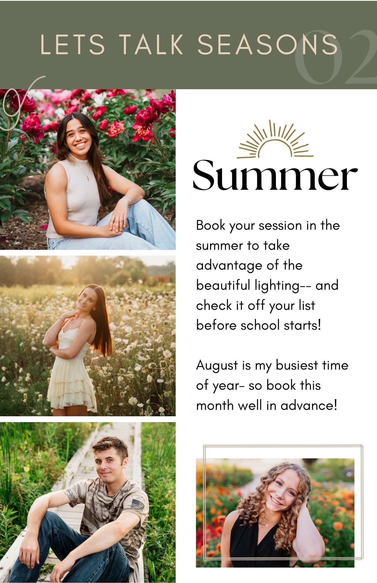 A collage of outdoor summer portrait photography sessions with couples and individuals in natural lighting.